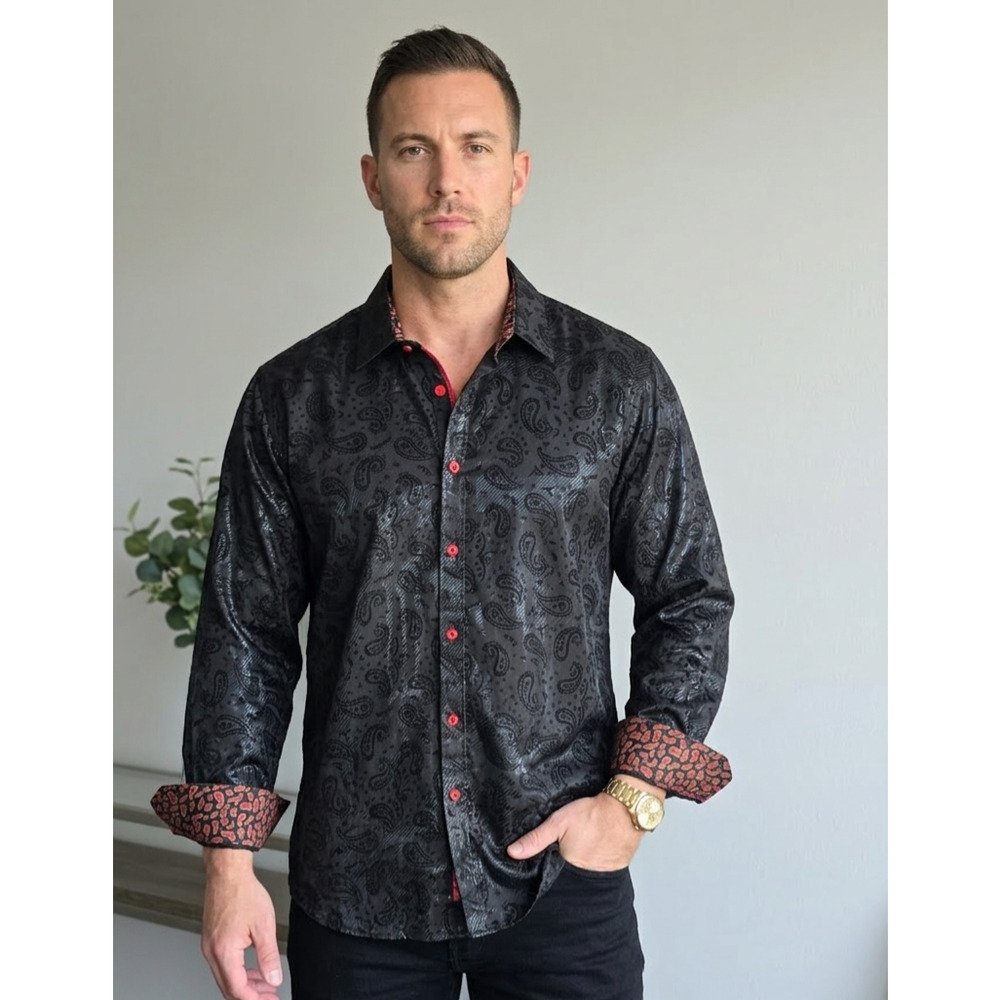 Ameri Mode Mens XL Paisley Button Up Shirt Black Red Trim New Without Tags
